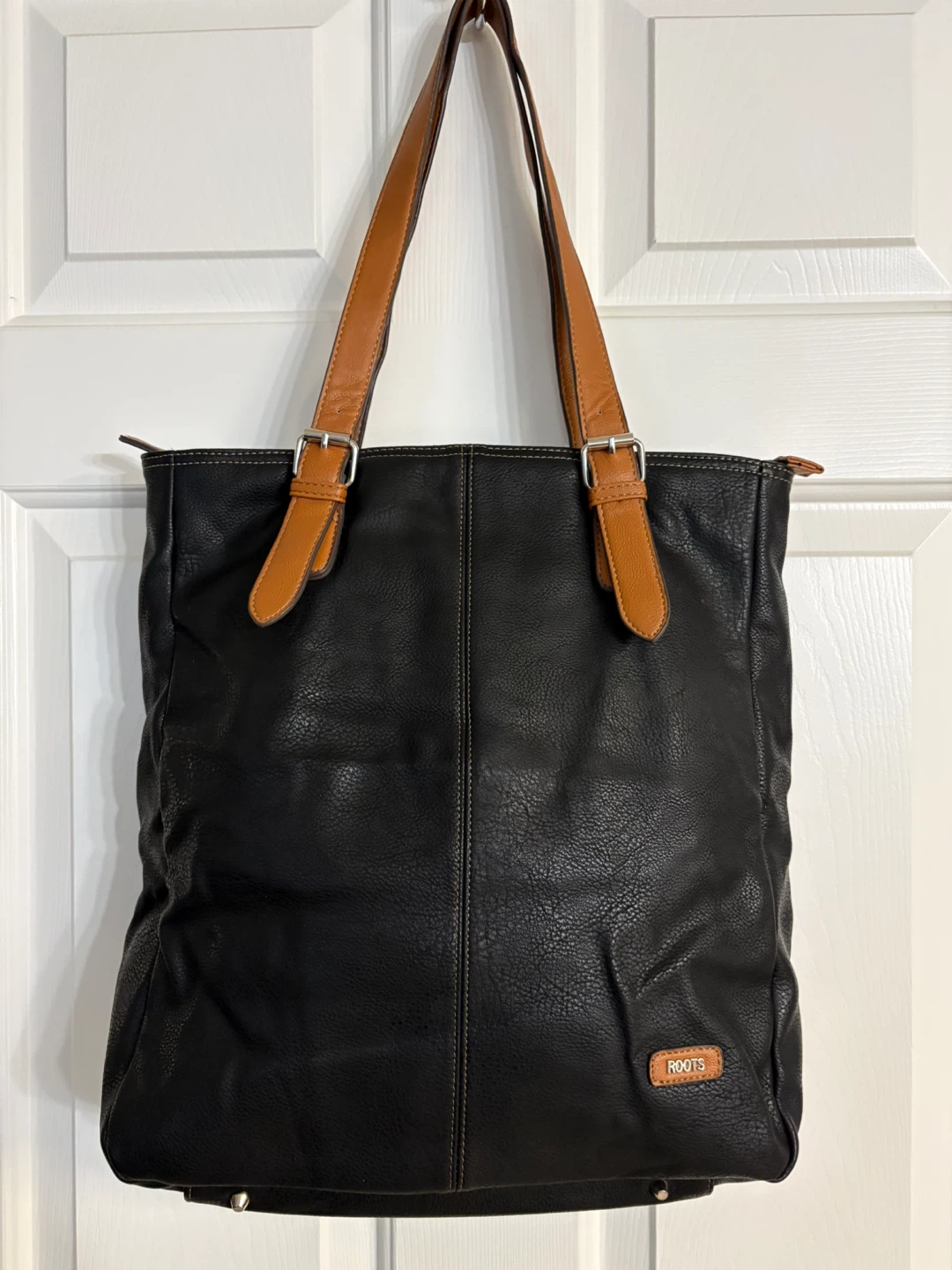 Roots Black Tote Bag with Tan Straps