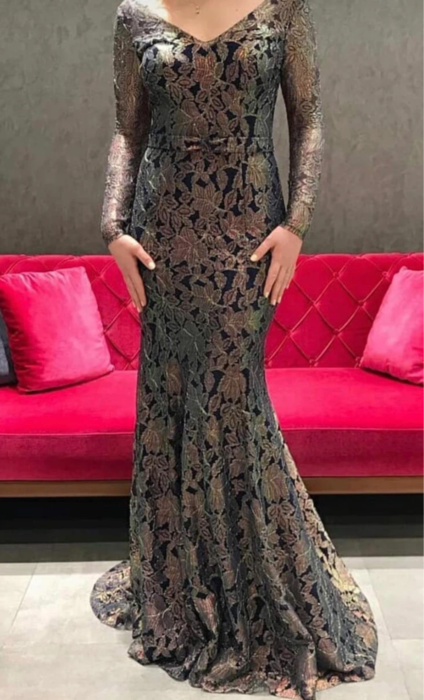 Women's Navy Lace Gown with Gold Leaf Pattern