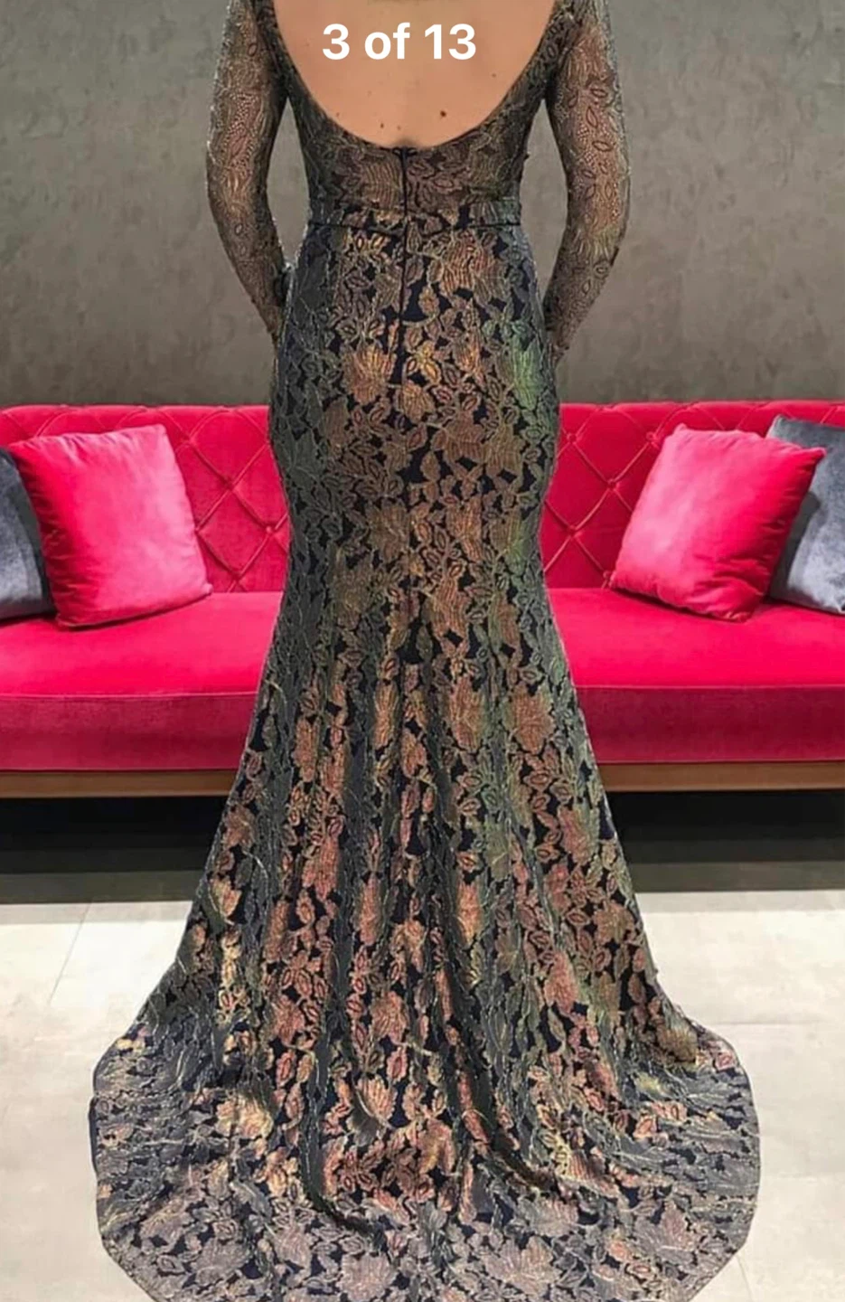 Women's Navy Lace Gown with Gold Leaf Pattern - photo 2
