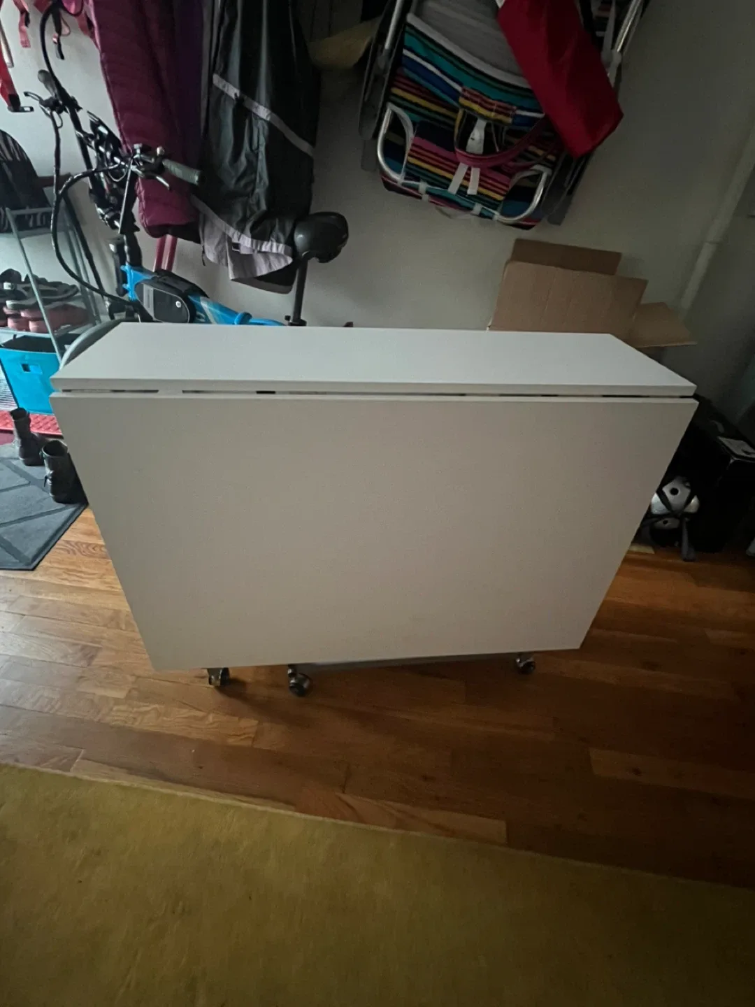 White Folding Table with Wheels and Storage Baskets