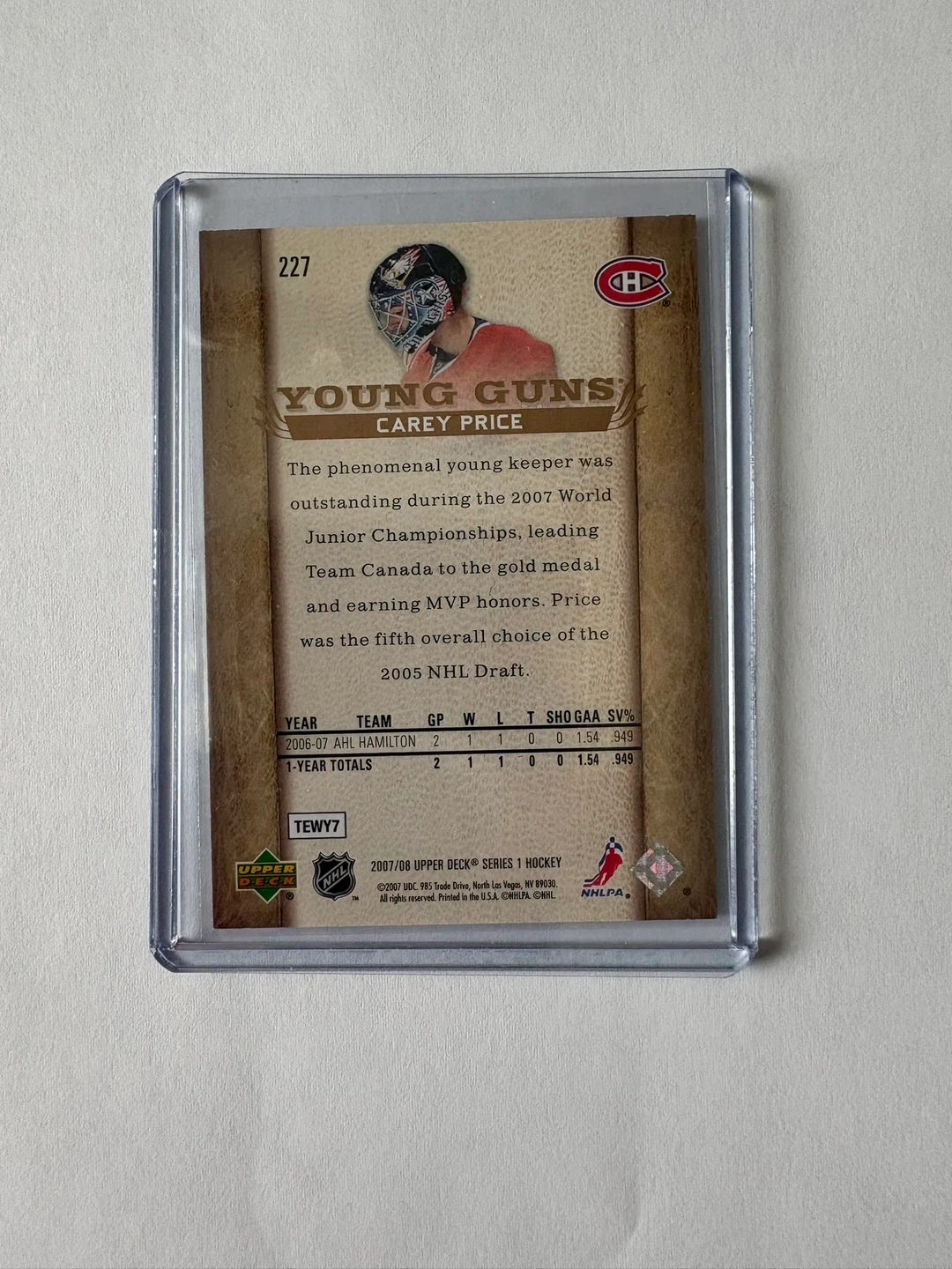 Upper Deck Young Guns Carey Price 2007-08 Hockey Card - photo 2