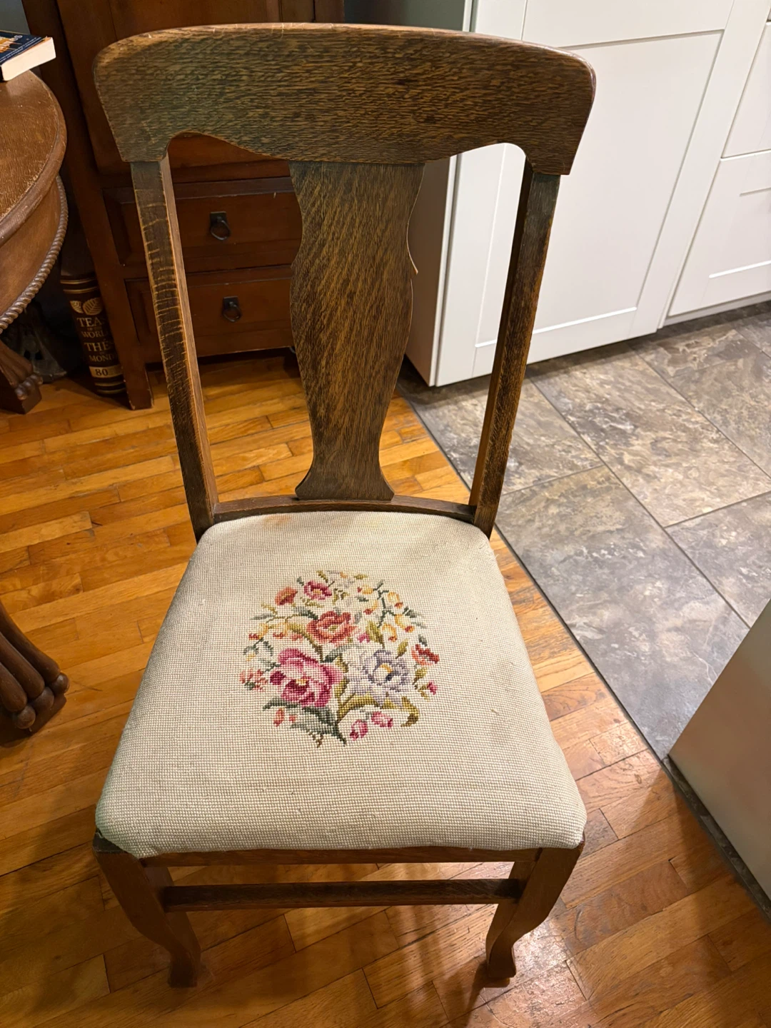 Vintage Wooden Chair with Floral Needlepoint Seat