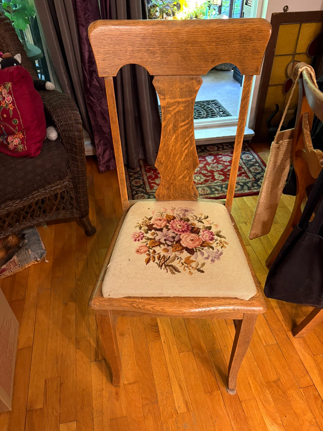 Vintage Oak Dining Chair with Floral Needlepoint Seat