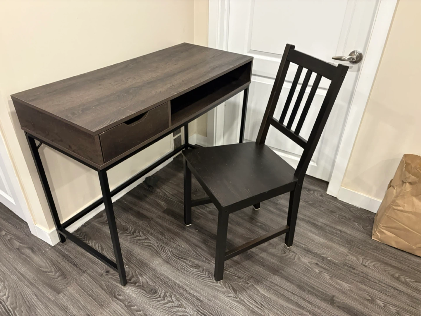 Minimalist Dark Wood Desk with Drawer and Open Shelf - photo 2