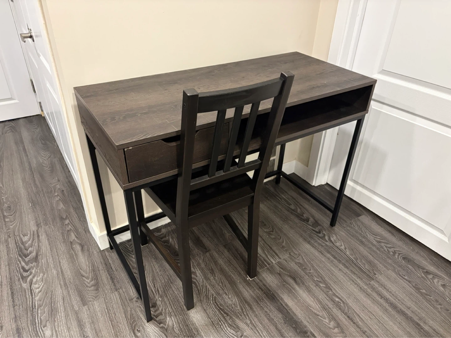 Minimalist Dark Wood Desk with Drawer and Open Shelf