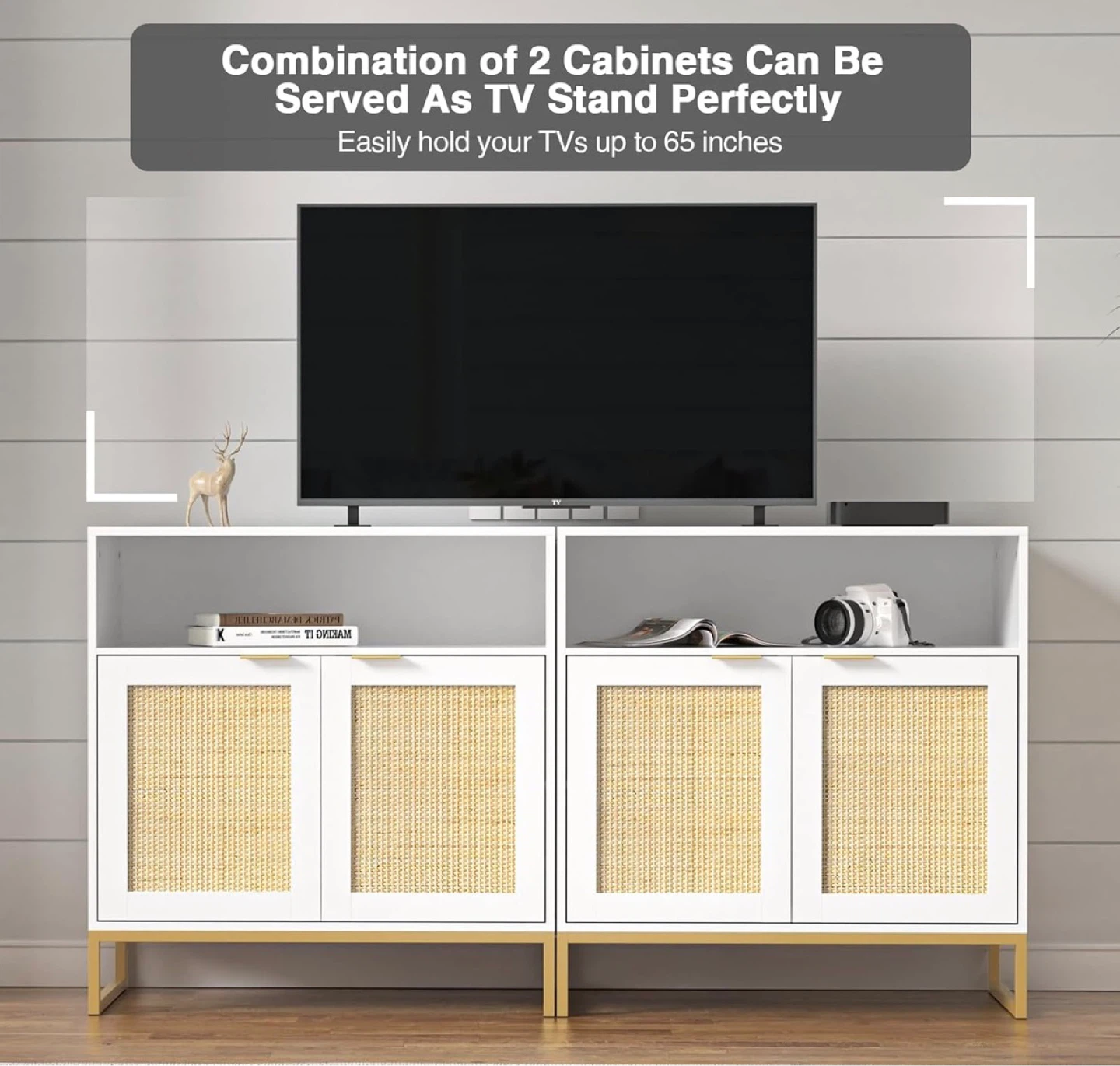 2 White Storage Cabinet with Rattan Doors