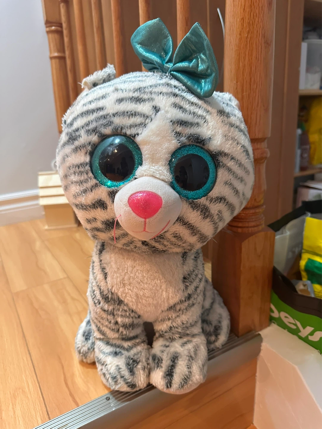 Plush Cat Toy with Teal Bow