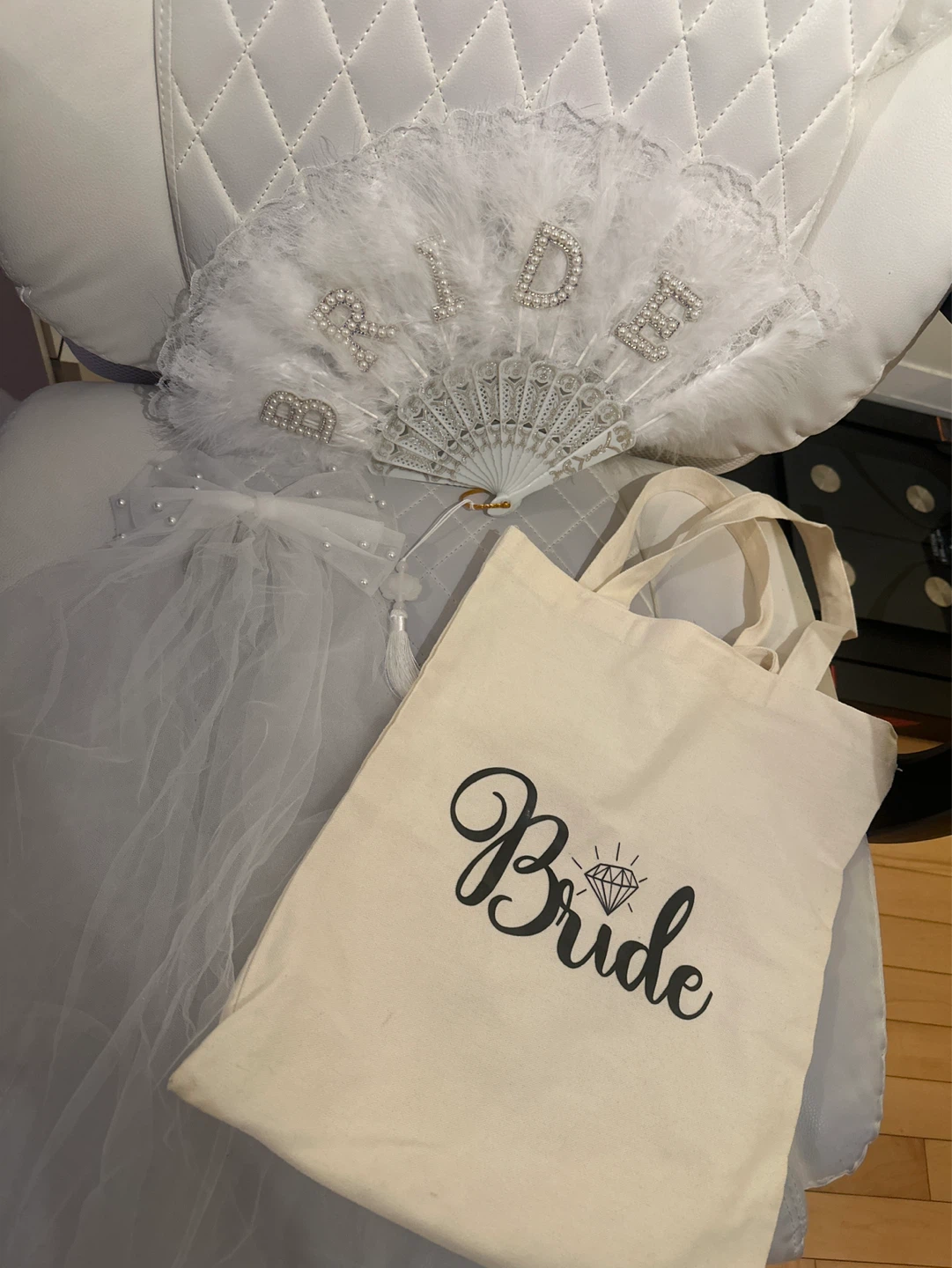Bride Feather Fan, Veil, and Tote Bag Set
