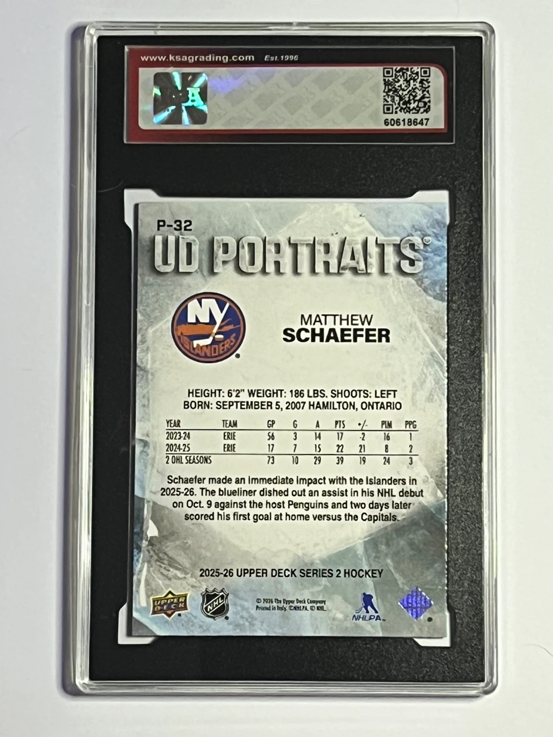 2025-26 UD Portraits Matthew Schaefer RC #P-32 Graded 8 NMM - photo 2