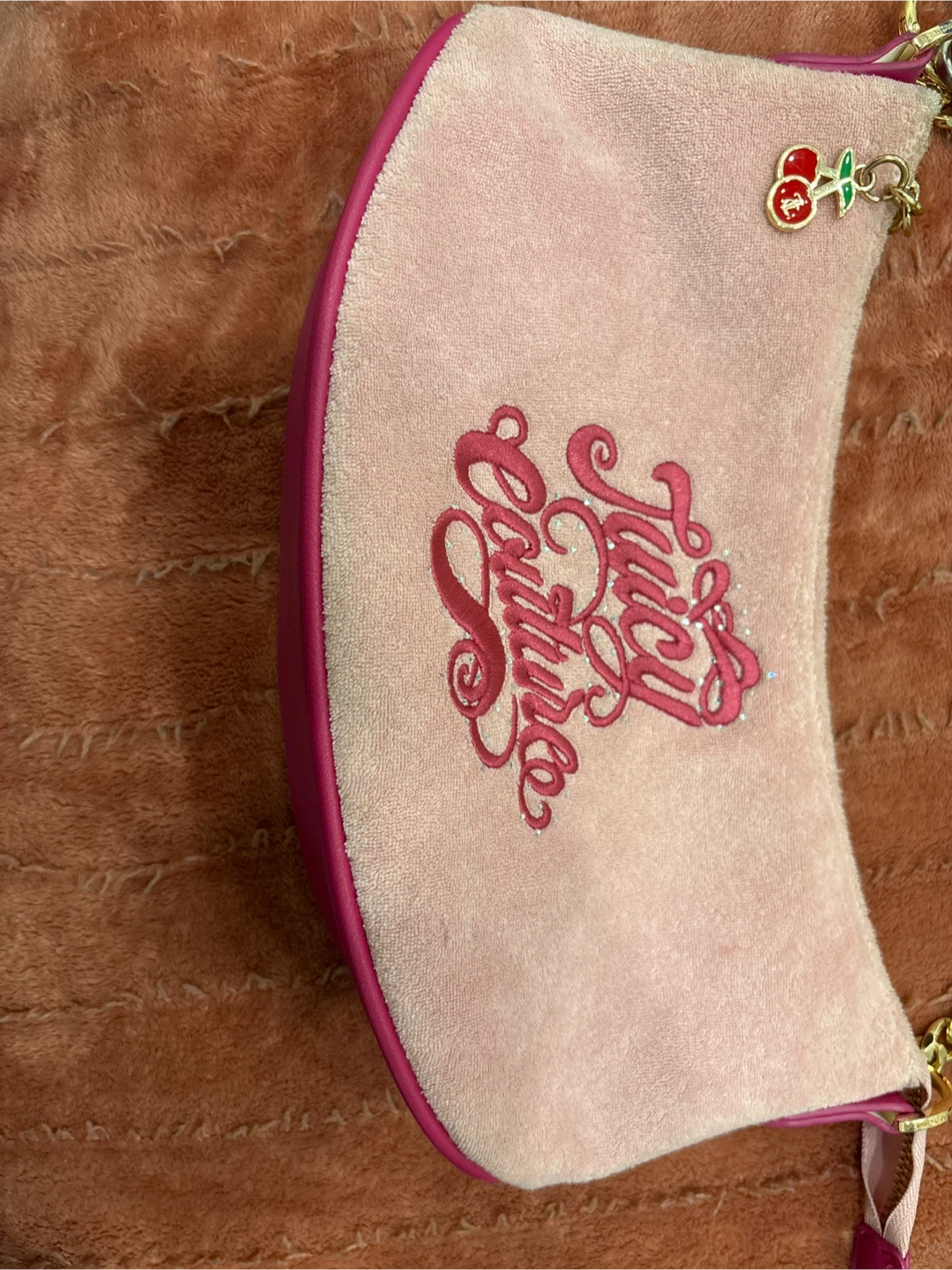 Juicy Couture Pink Velour Pouch with Cherry Charm