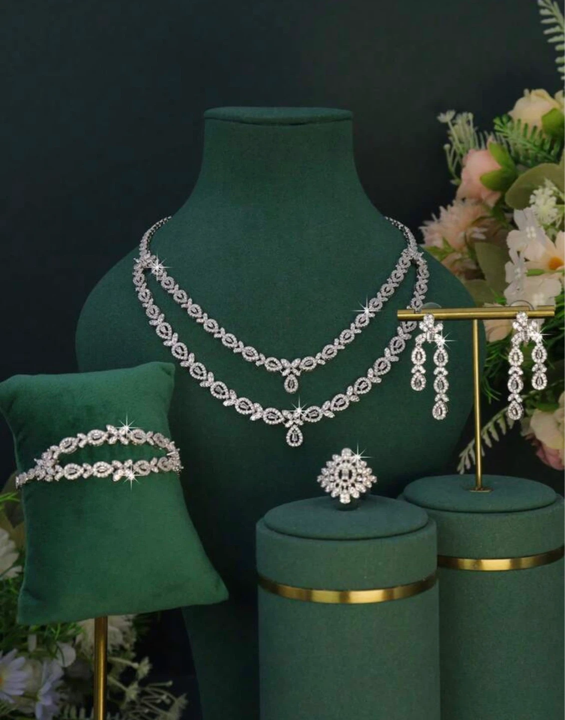Cubic Zirconia Pave Diamond Necklace and Earrings Set