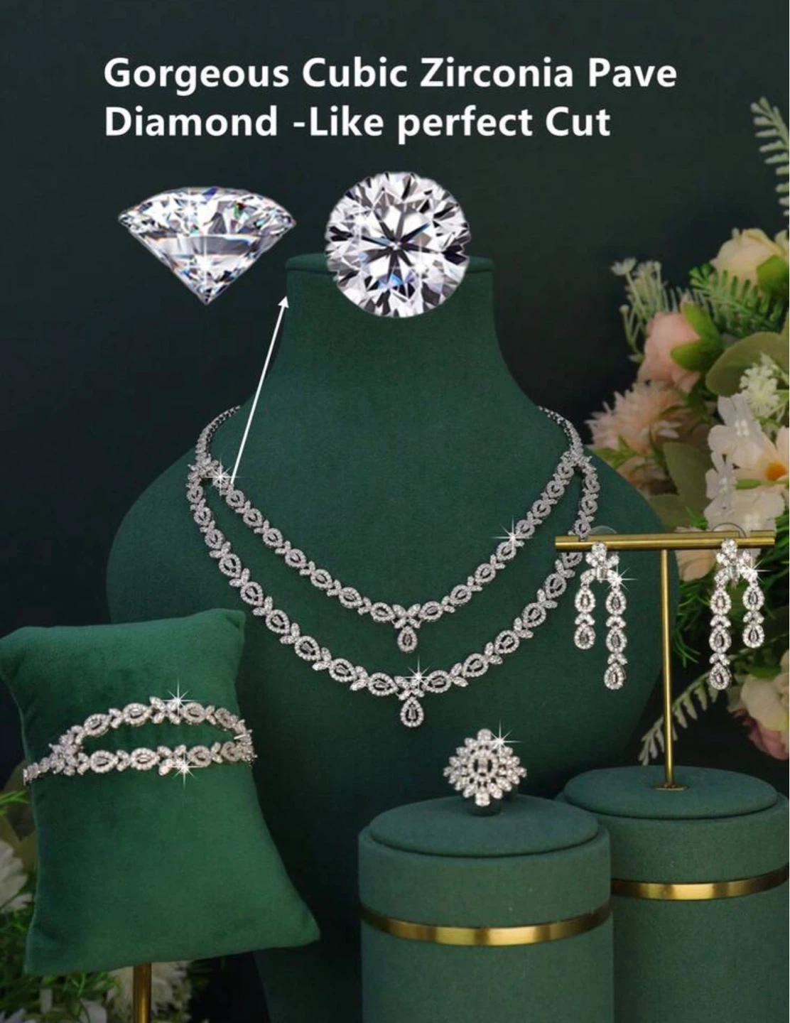 Cubic Zirconia Pave Diamond Necklace and Earrings Set - photo 3