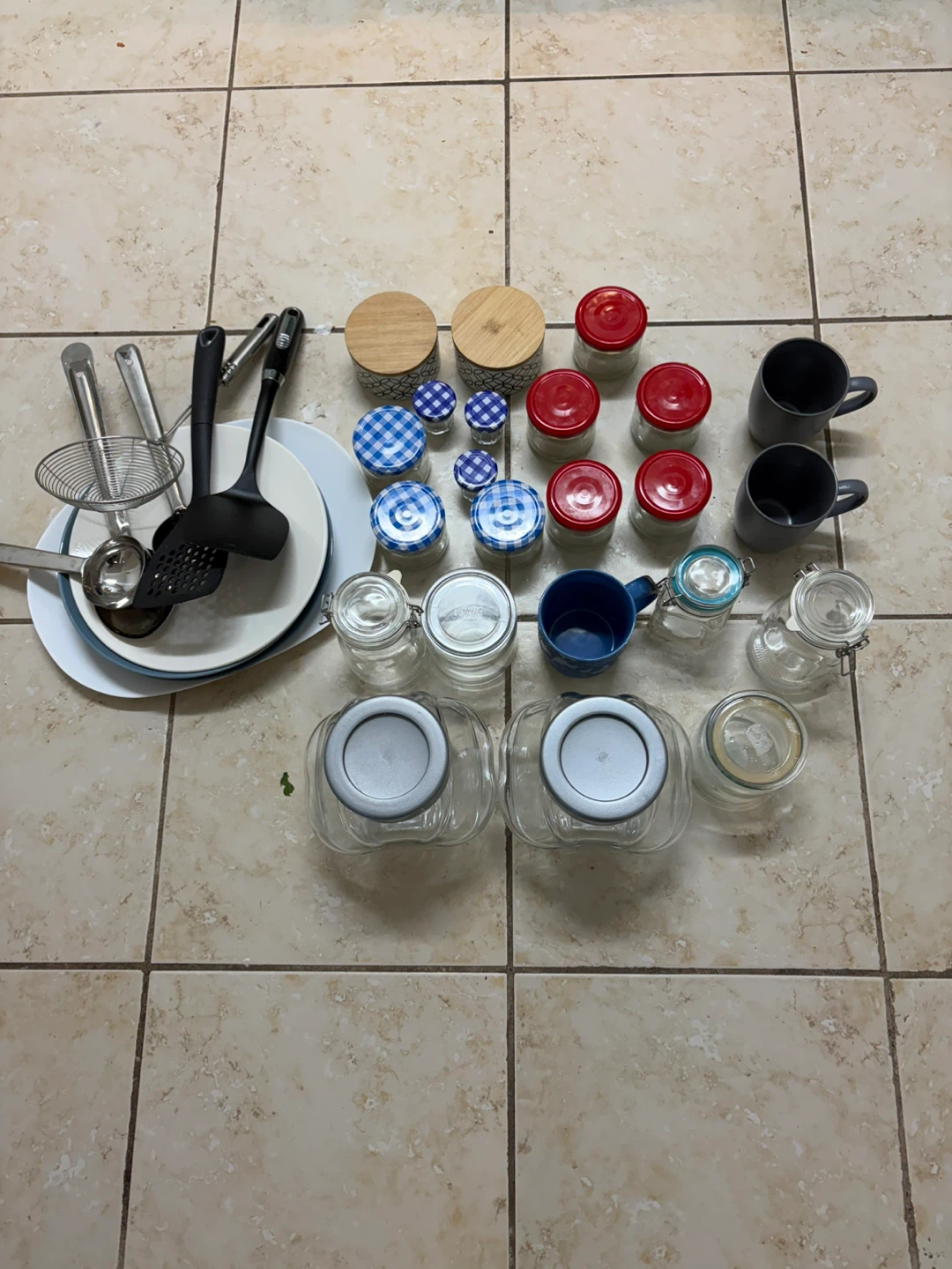 Moving sale Kitchenware Lot: Jars, Mugs & Utensils
