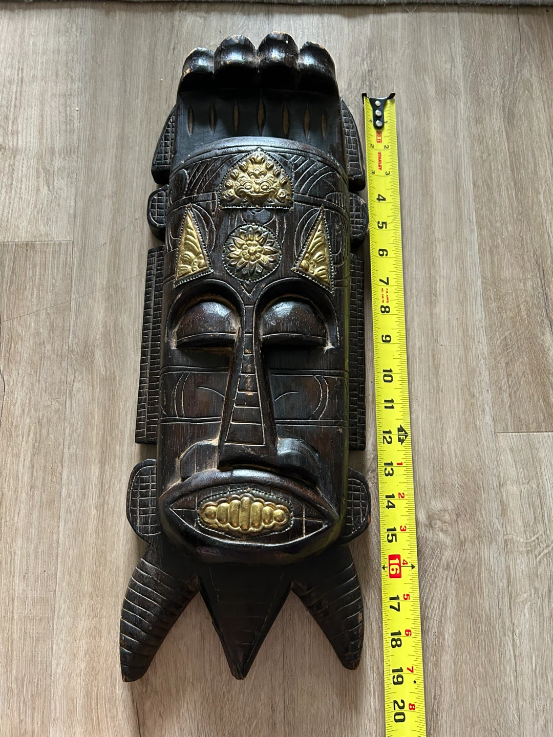 ⚽ Vintage Hand-Carved Wooden Mask with Brass19” - photo 2