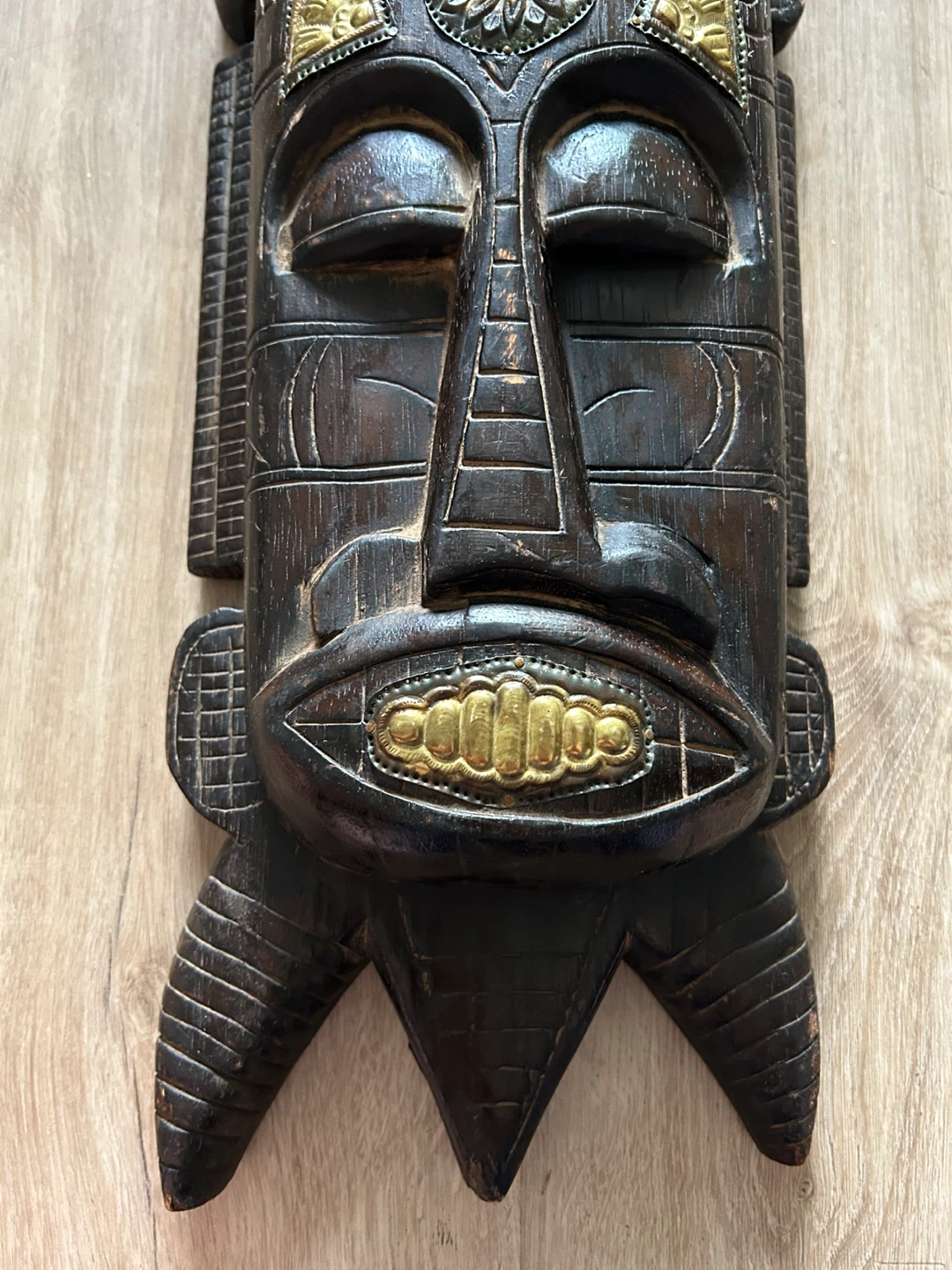 ⚽ Vintage Hand-Carved Wooden Mask with Brass19” - photo 3