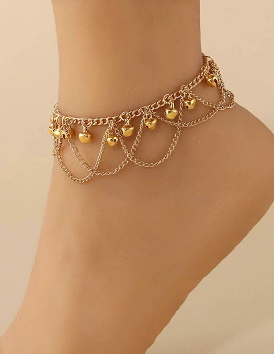 Gold-tone Layered Anklet with Bell Charms