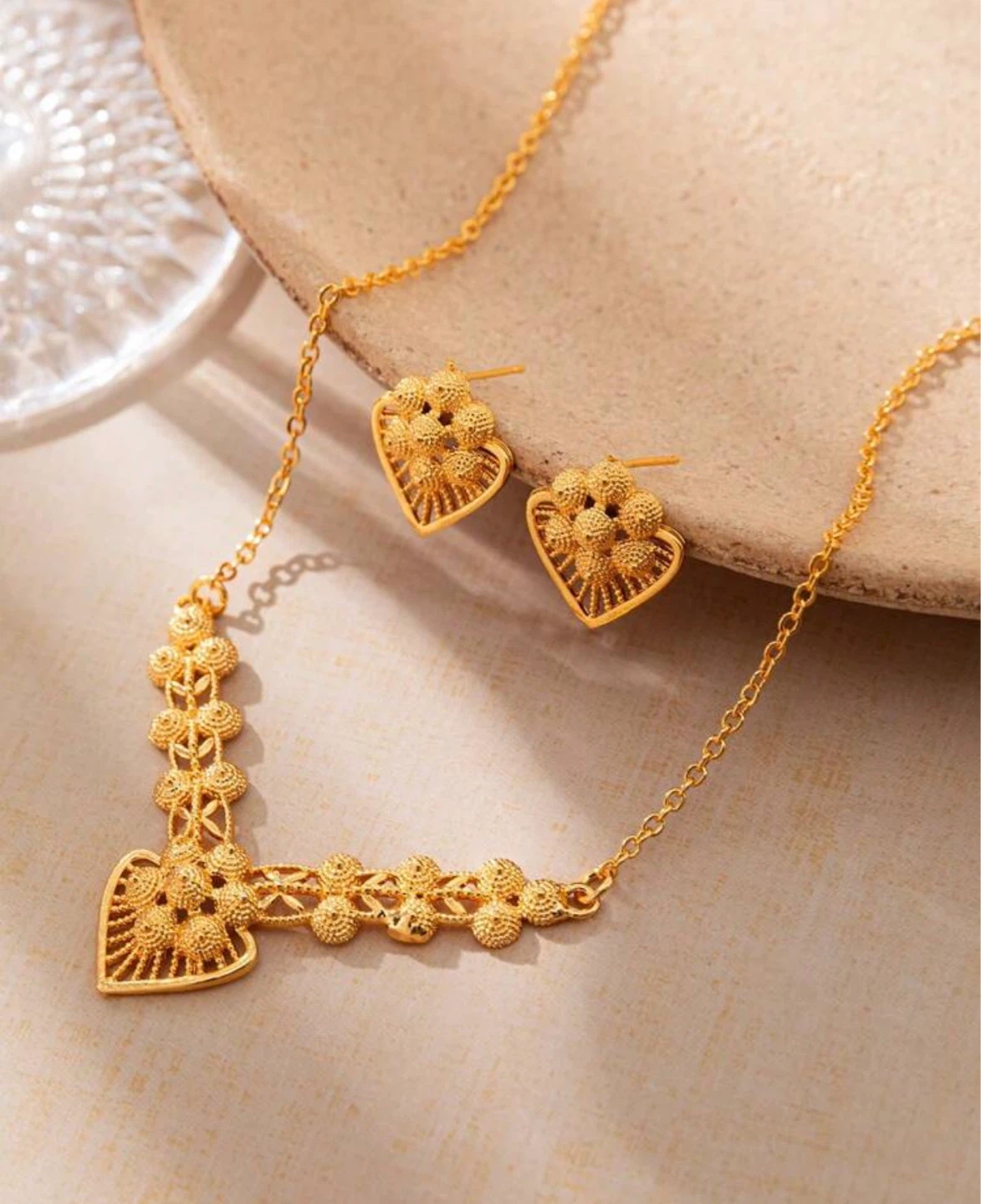 Gold Heart Necklace and Earrings Set