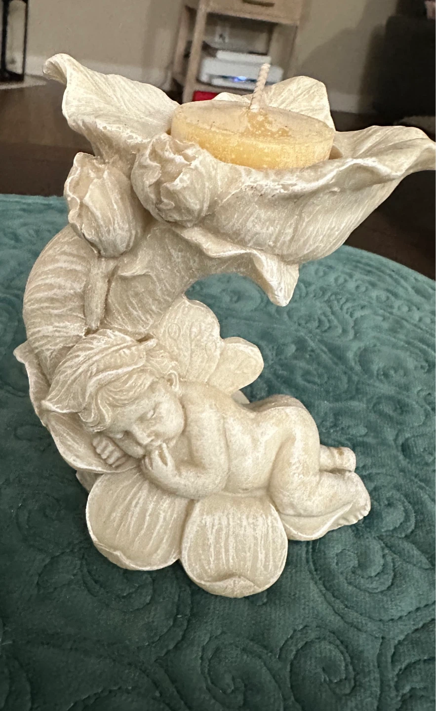 Vintage Bisque Sleeping Cherub Angel Taper Candle Holder - photo 3
