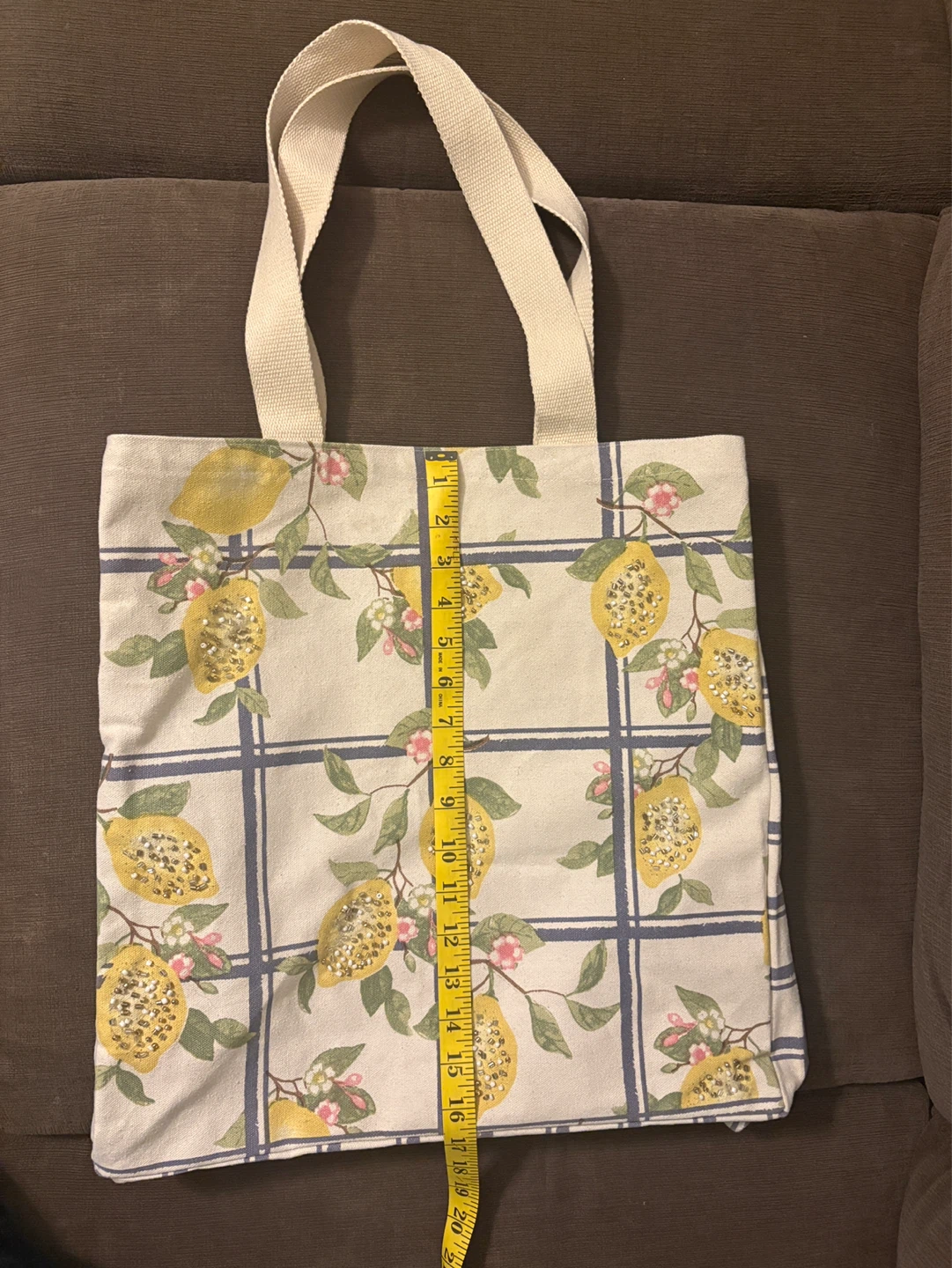 Lemon Print Beaded Cotton Canvas Shopper Tote Bag - photo 2