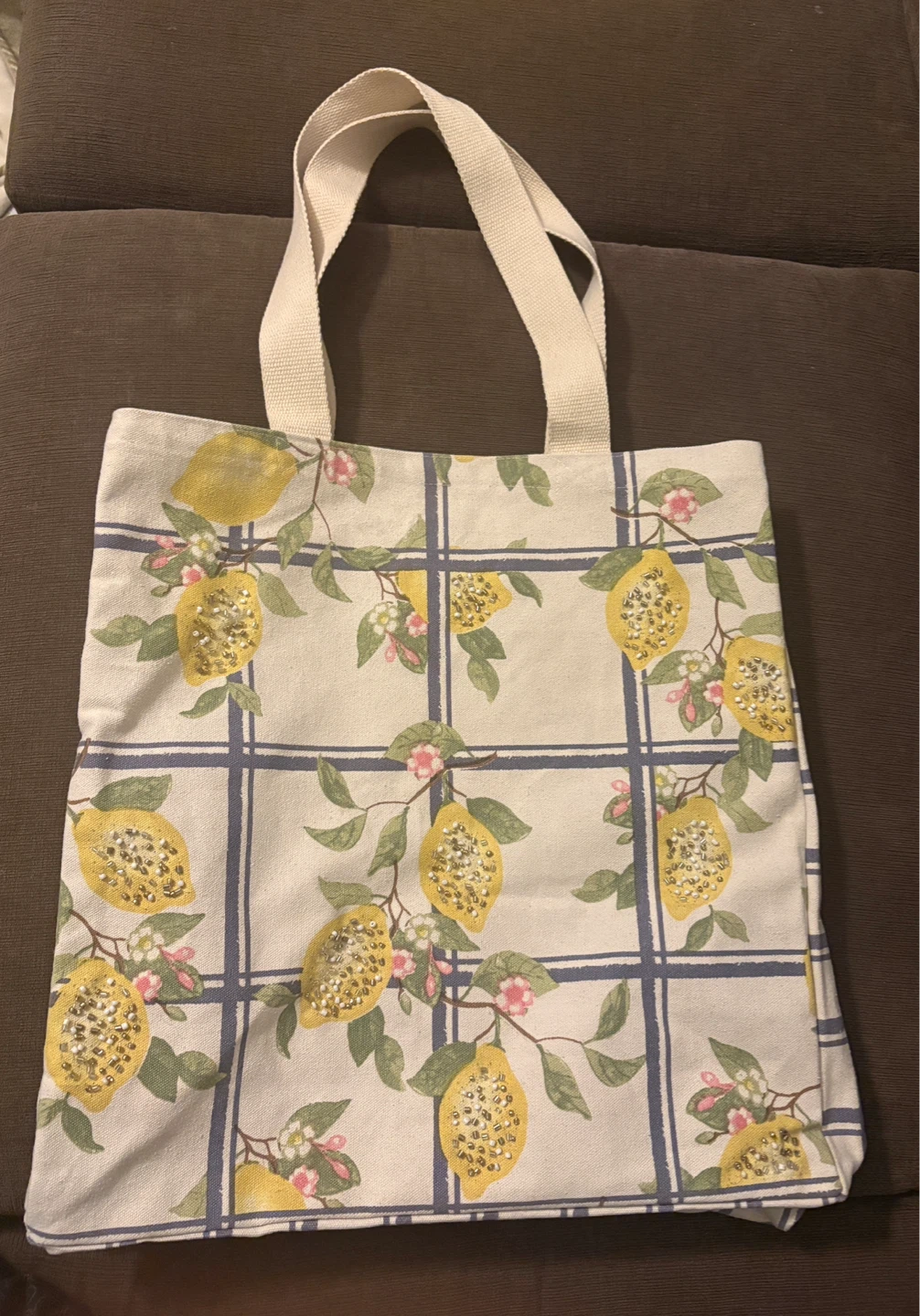 Lemon Print Beaded Cotton Canvas Shopper Tote Bag