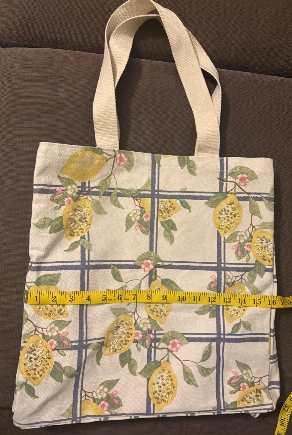 Lemon Print Beaded Cotton Canvas Shopper Tote Bag - photo 3