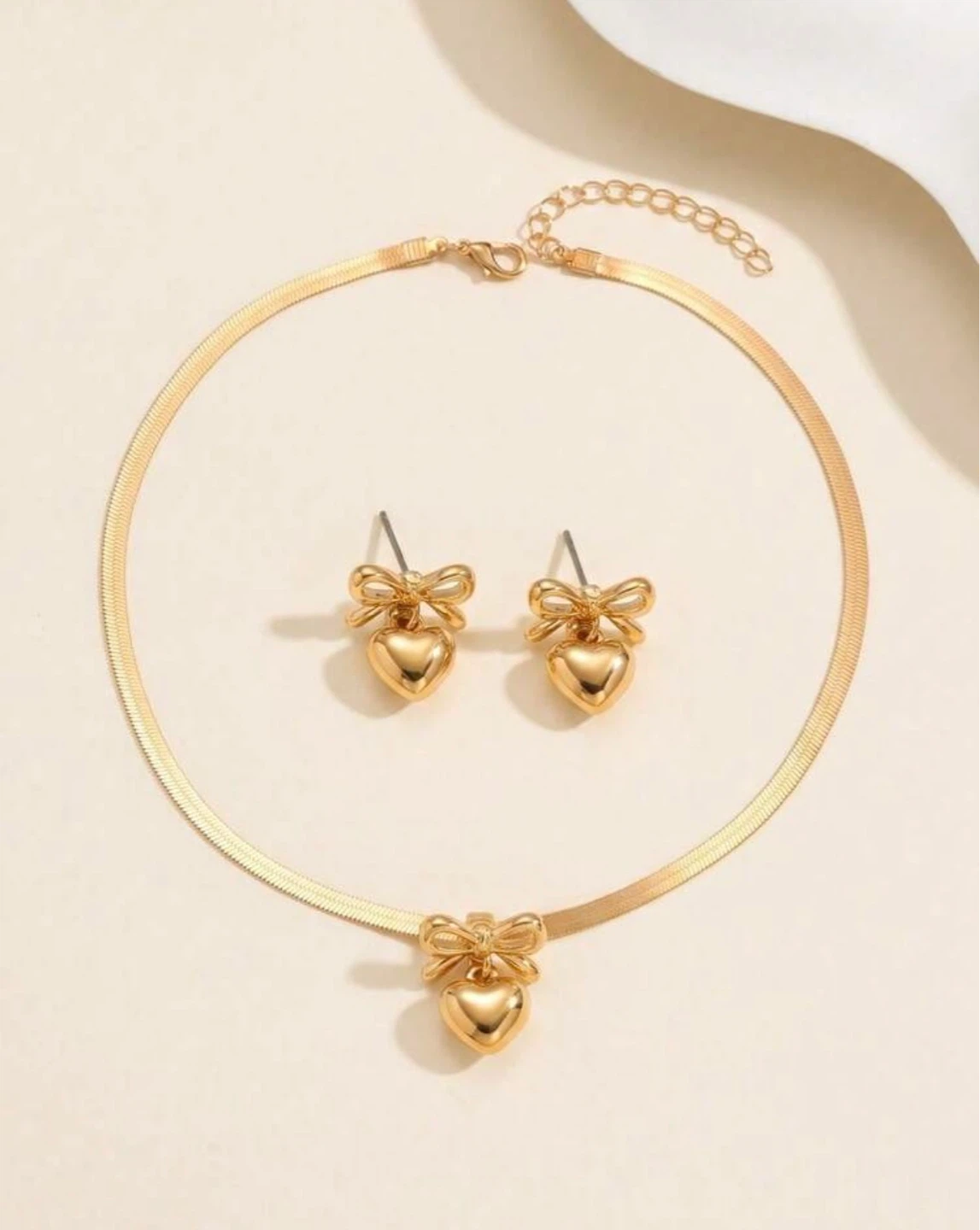 Gold Heart Bow Necklace and Earring Set
