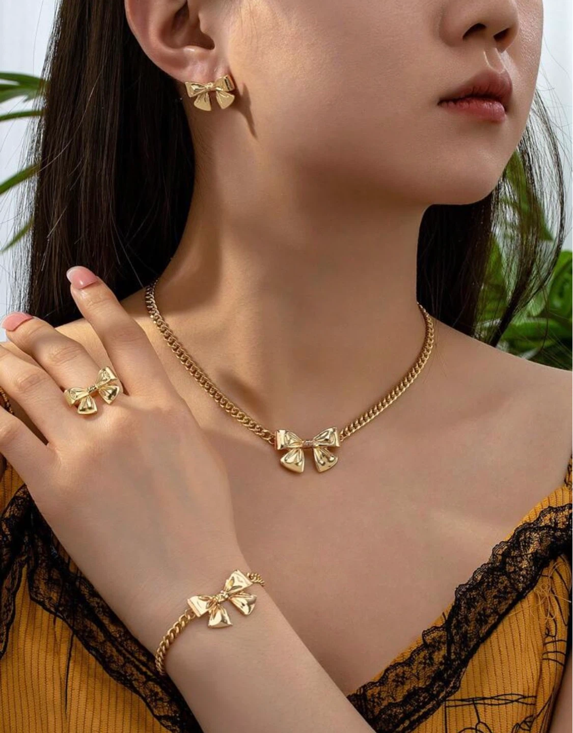 Gold Bow Necklace, Bracelet, Ring, and Earrings Set - photo 2