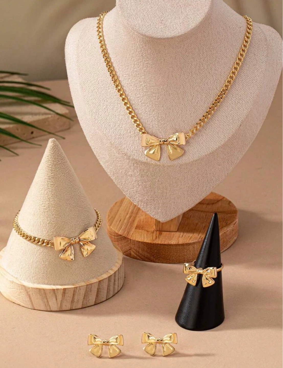 Gold Bow Necklace, Bracelet, Ring, and Earrings Set