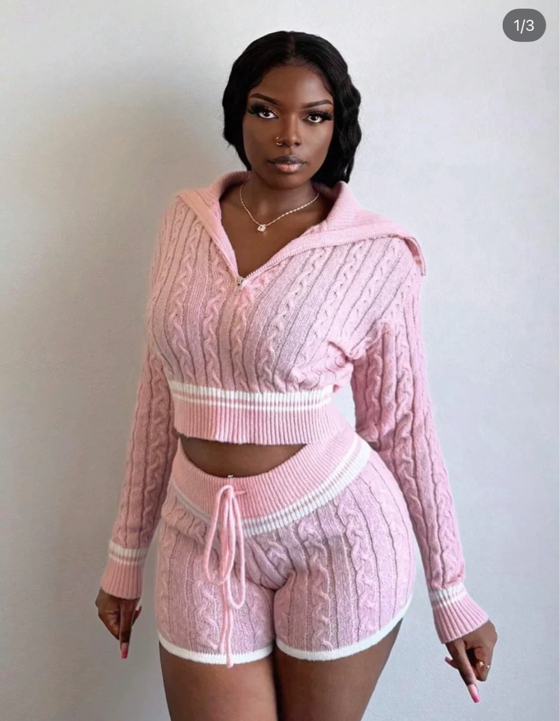Pink Cable Knit Cropped Hoodie & Shorts Set - photo 2