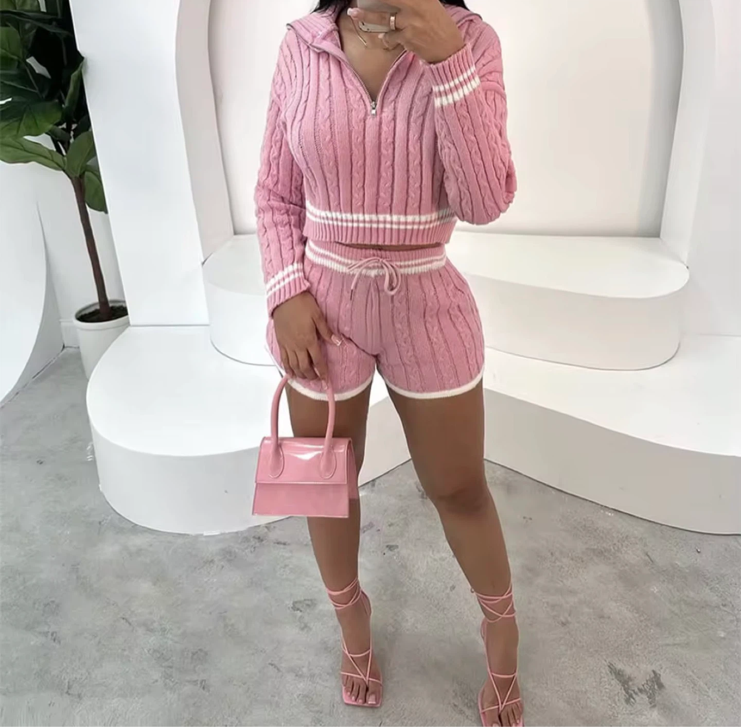Pink Cable Knit Cropped Hoodie & Shorts Set