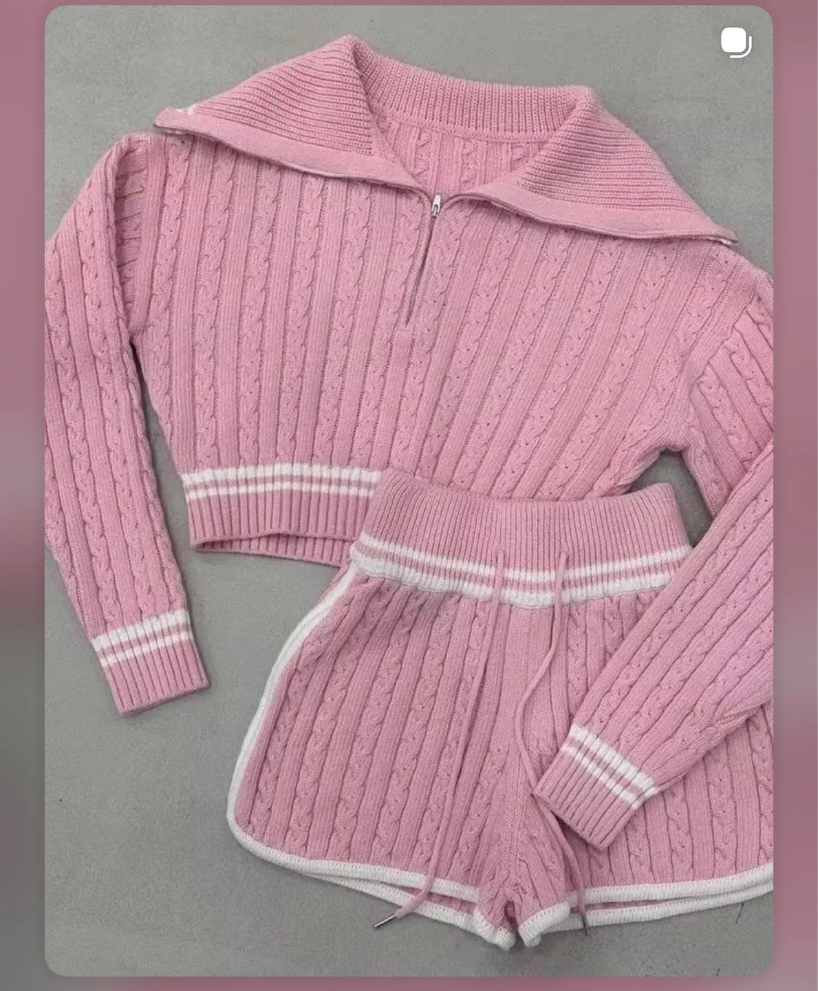 Pink Cable Knit Cropped Hoodie & Shorts Set - photo 3