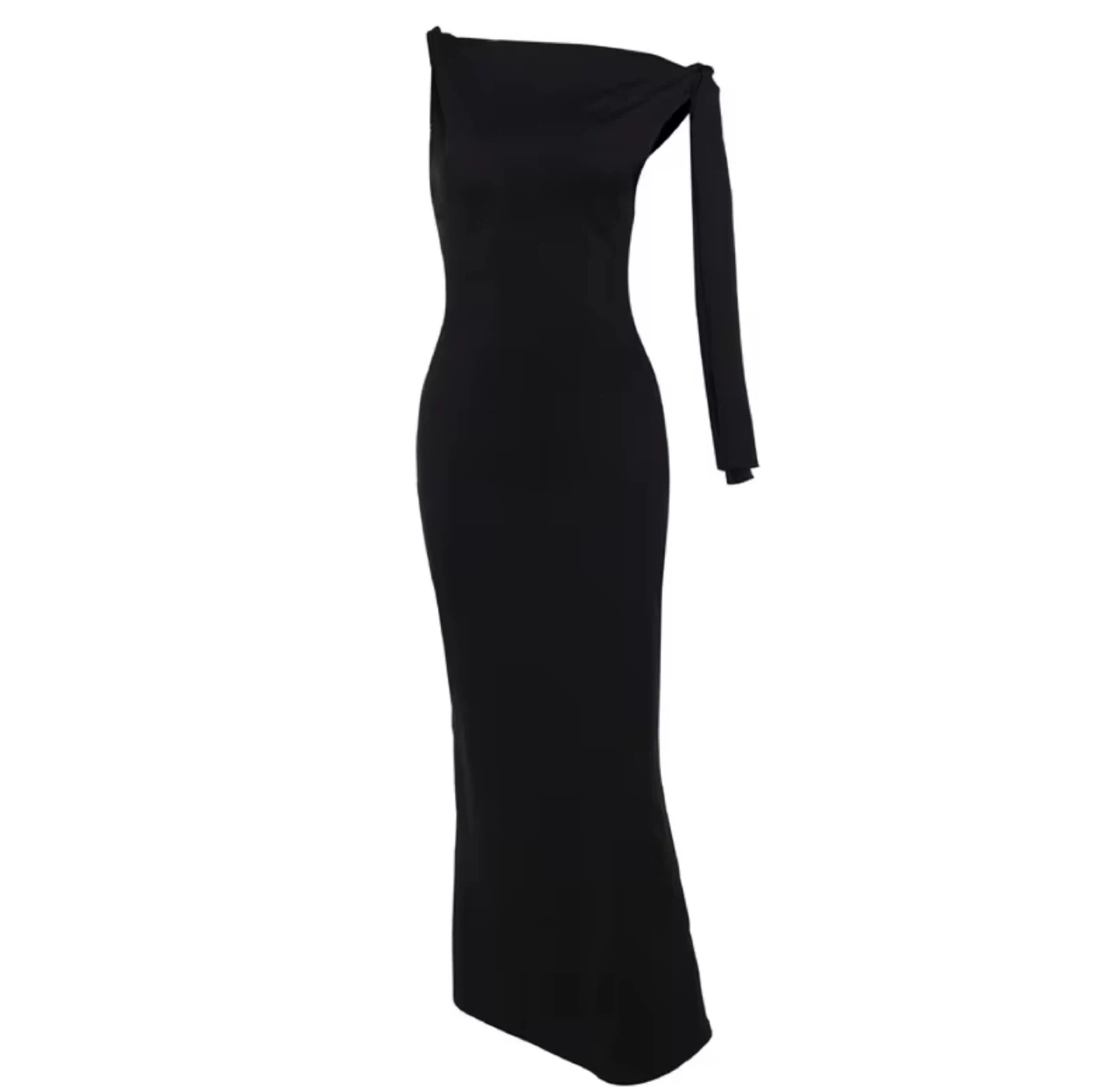 Black One-Shoulder Maxi Dress with Tie Detail - photo 3