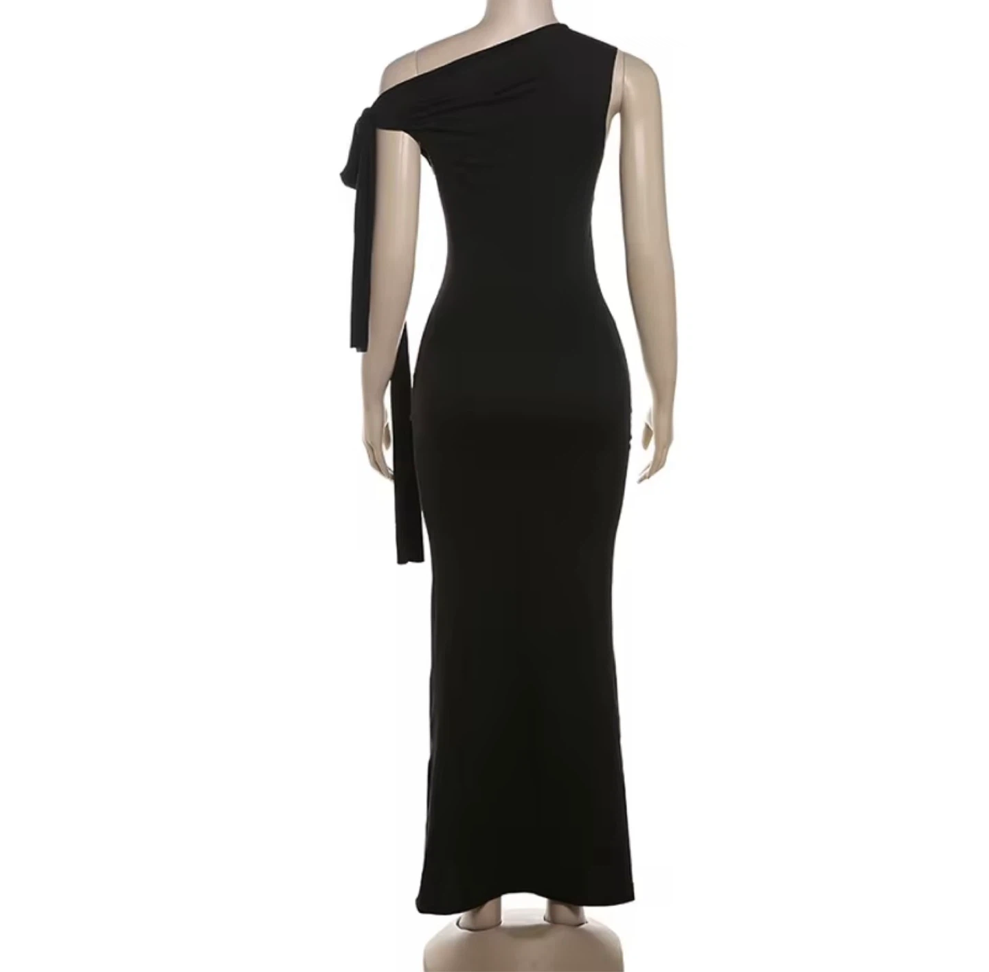 Black One-Shoulder Maxi Dress with Tie Detail - photo 4