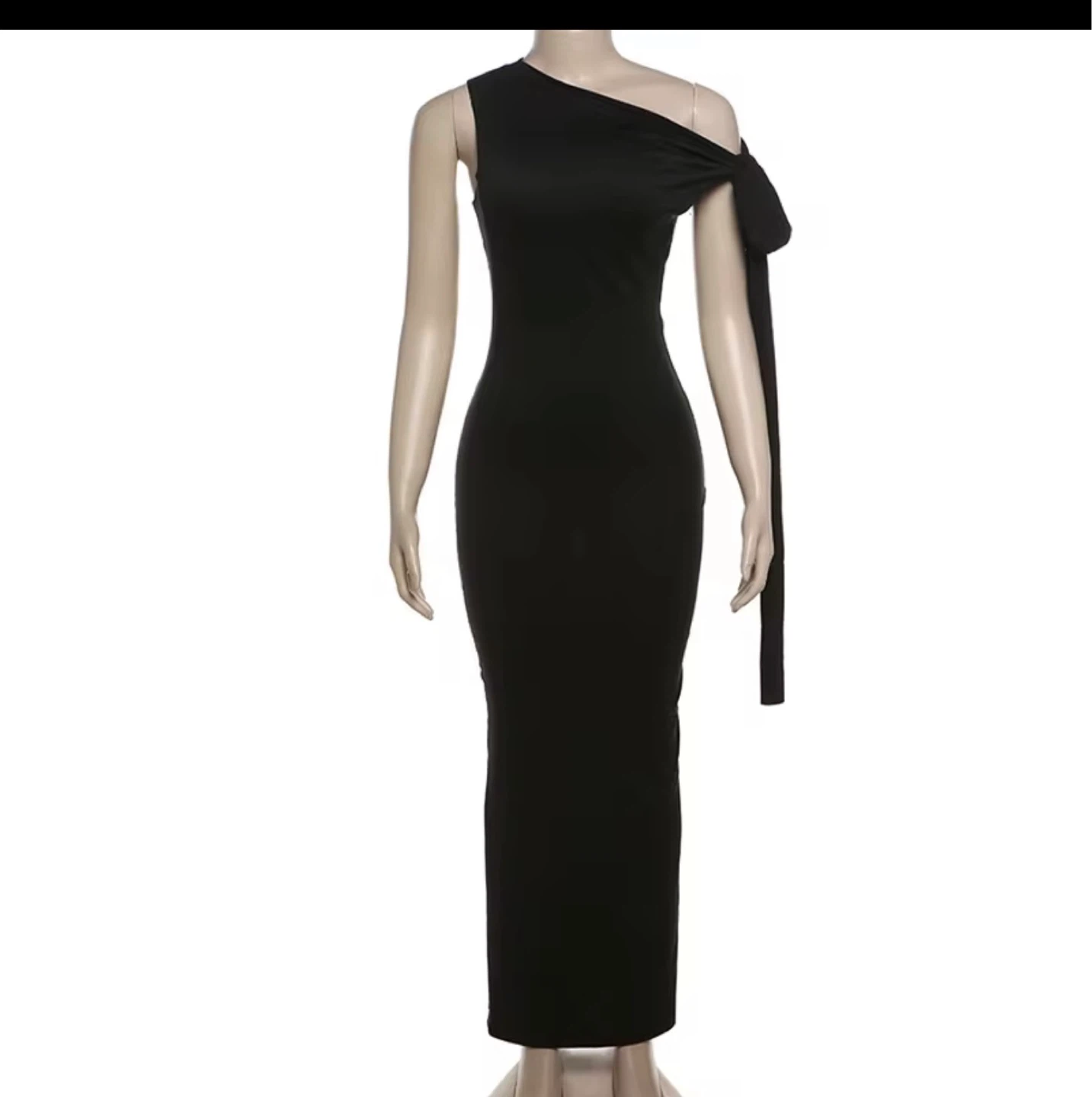 Black One-Shoulder Maxi Dress with Tie Detail - photo 2