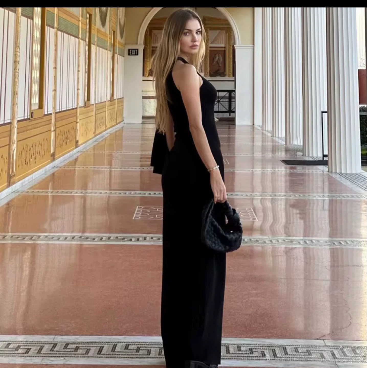 Black One-Shoulder Maxi Dress with Tie Detail