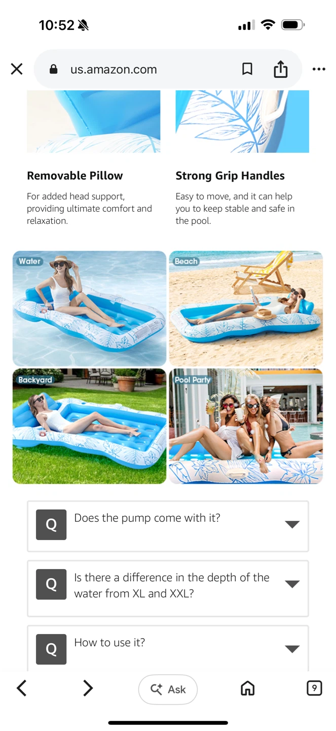 Inflatable Pool Float Lounger with Removable Pillow and Handles