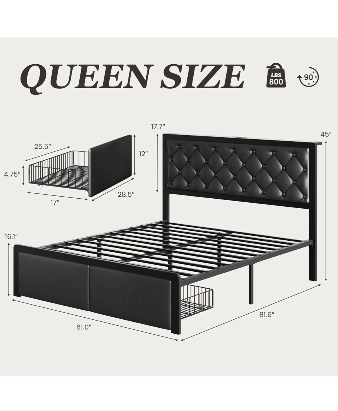 Queen Size Bed Frame with Storage Drawers - photo 5