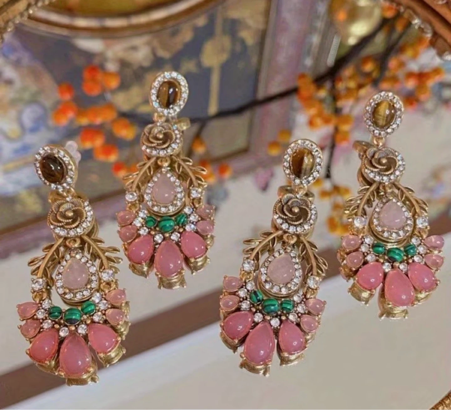 Ornate Goldtone Chandelier Earrings with Pink and Green Stones