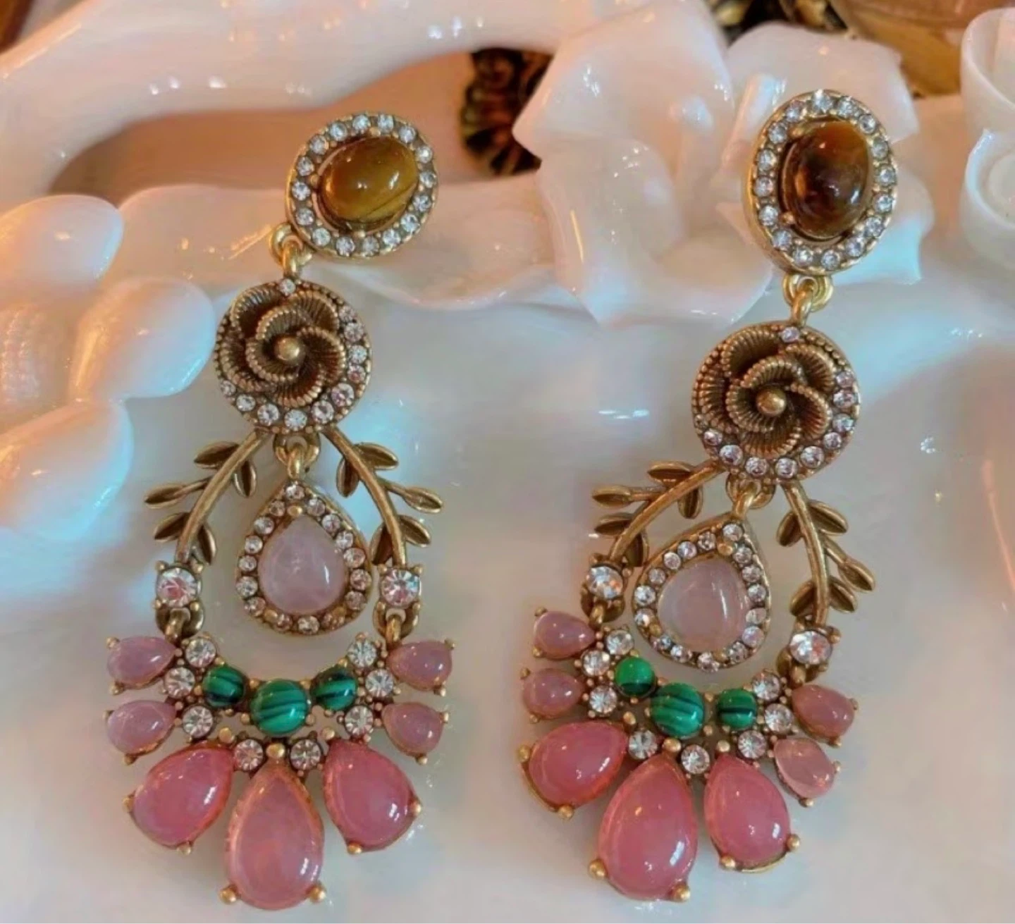 Ornate Goldtone Chandelier Earrings with Pink and Green Stones - photo 3