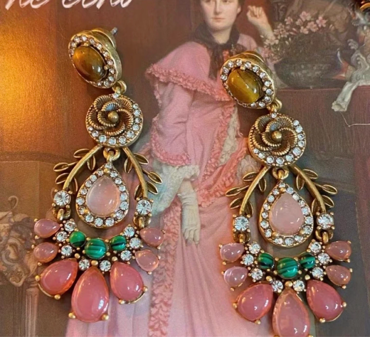 Ornate Goldtone Chandelier Earrings with Pink and Green Stones - photo 2