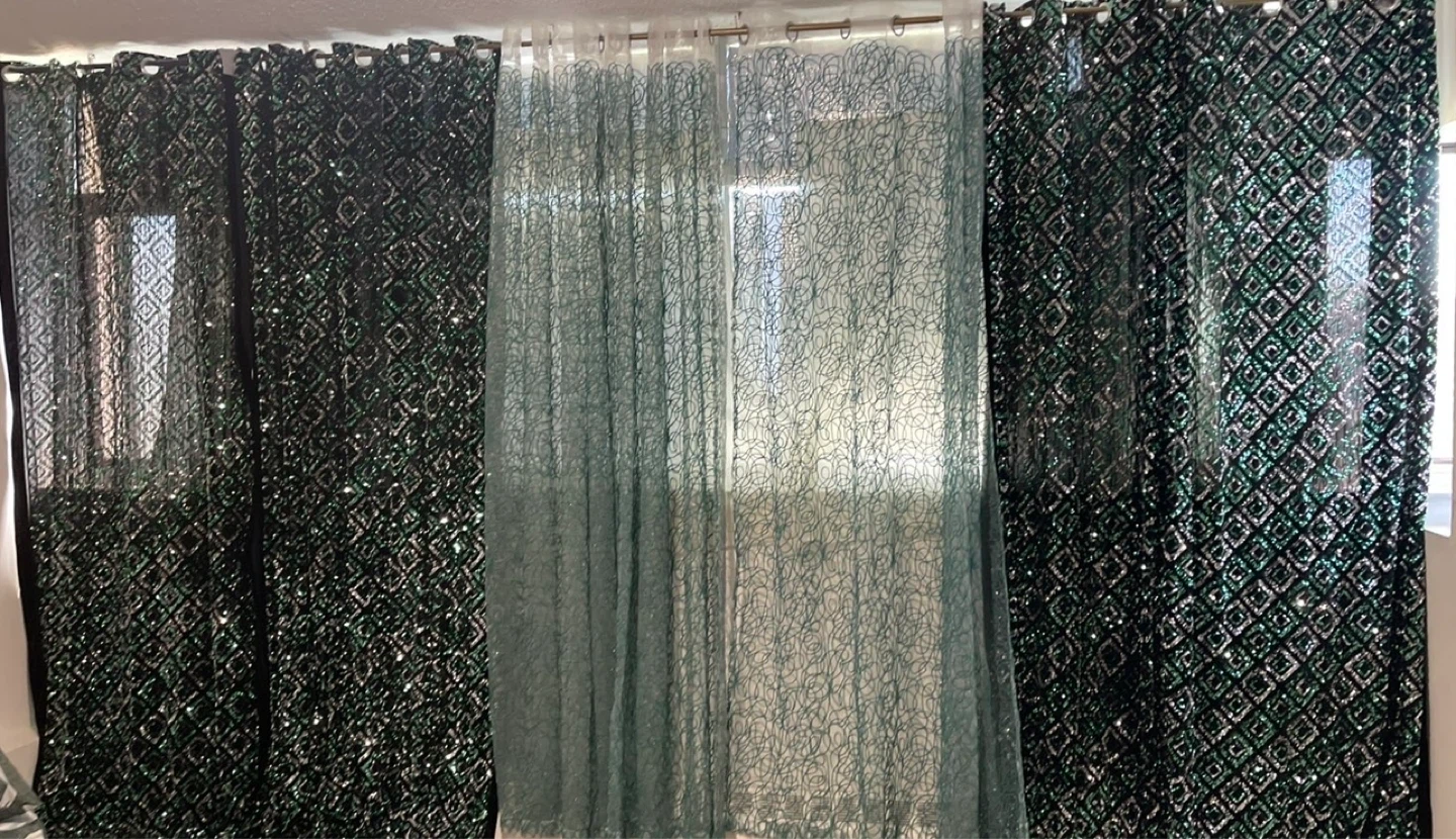 Sparkly Sequin Curtains - Green & Silver Diamond Pattern