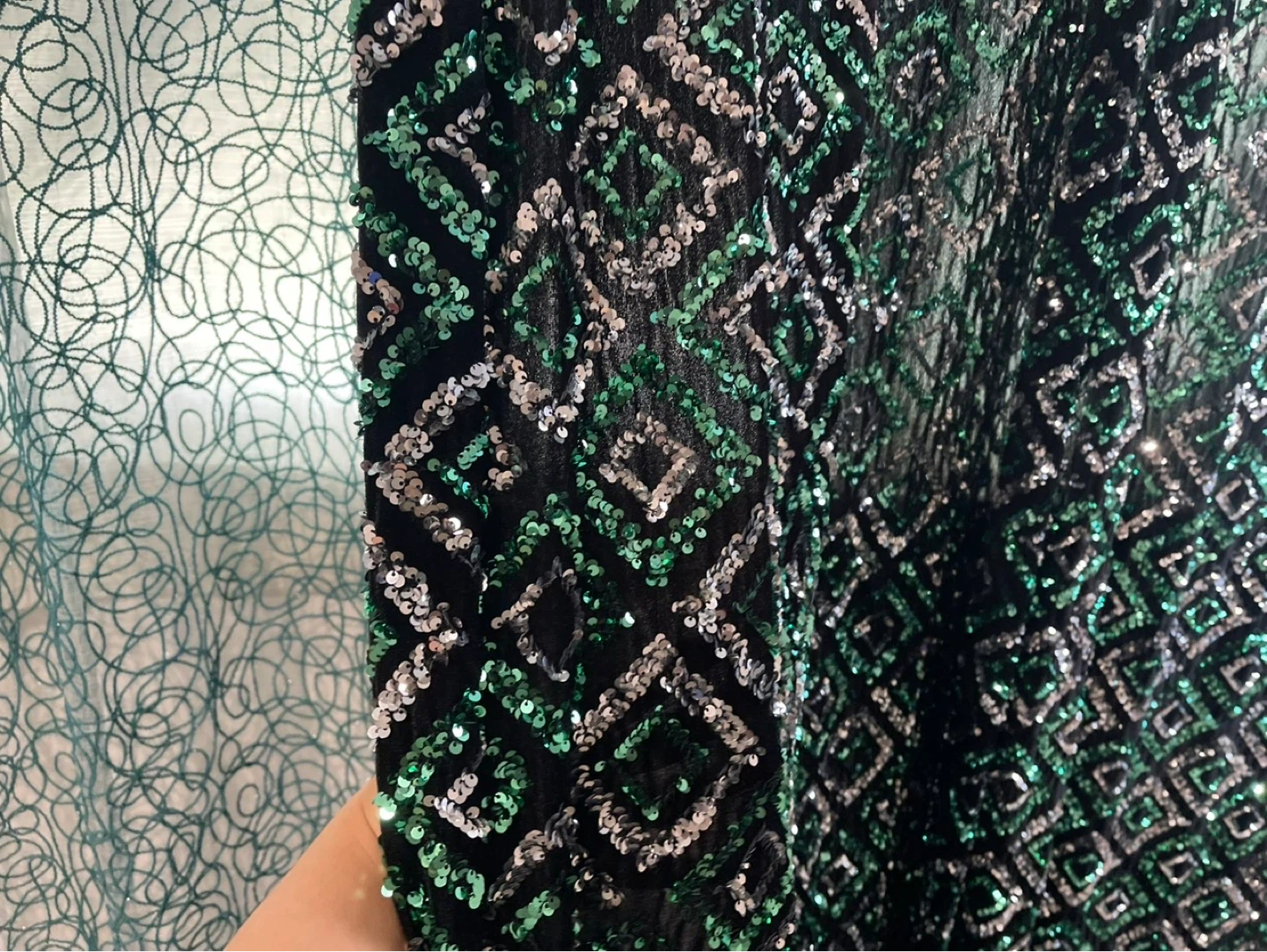 Sparkly Sequin Curtains - Green & Silver Diamond Pattern - photo 2