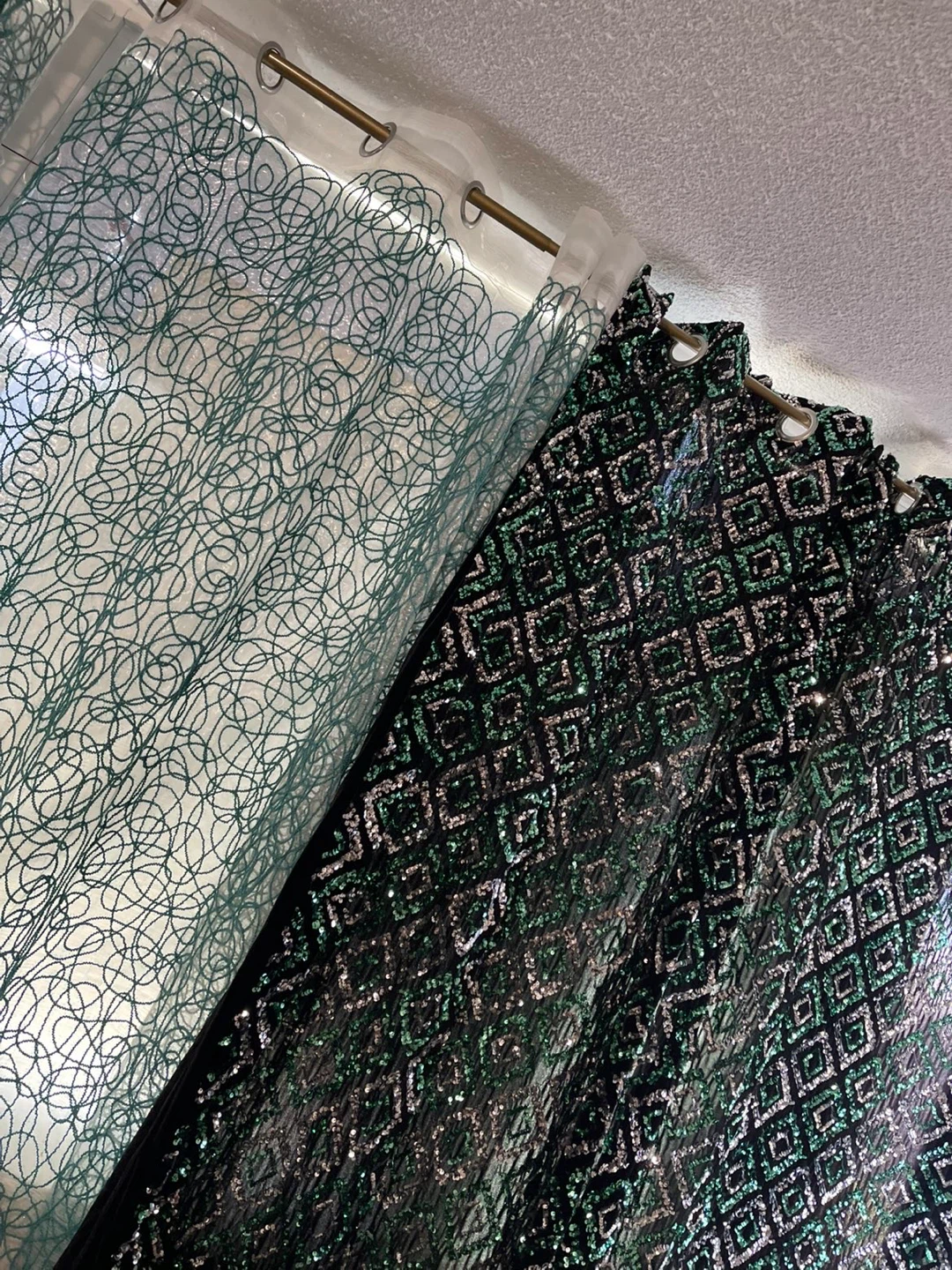 Sparkly Sequin Curtains - Green & Silver Diamond Pattern - photo 3