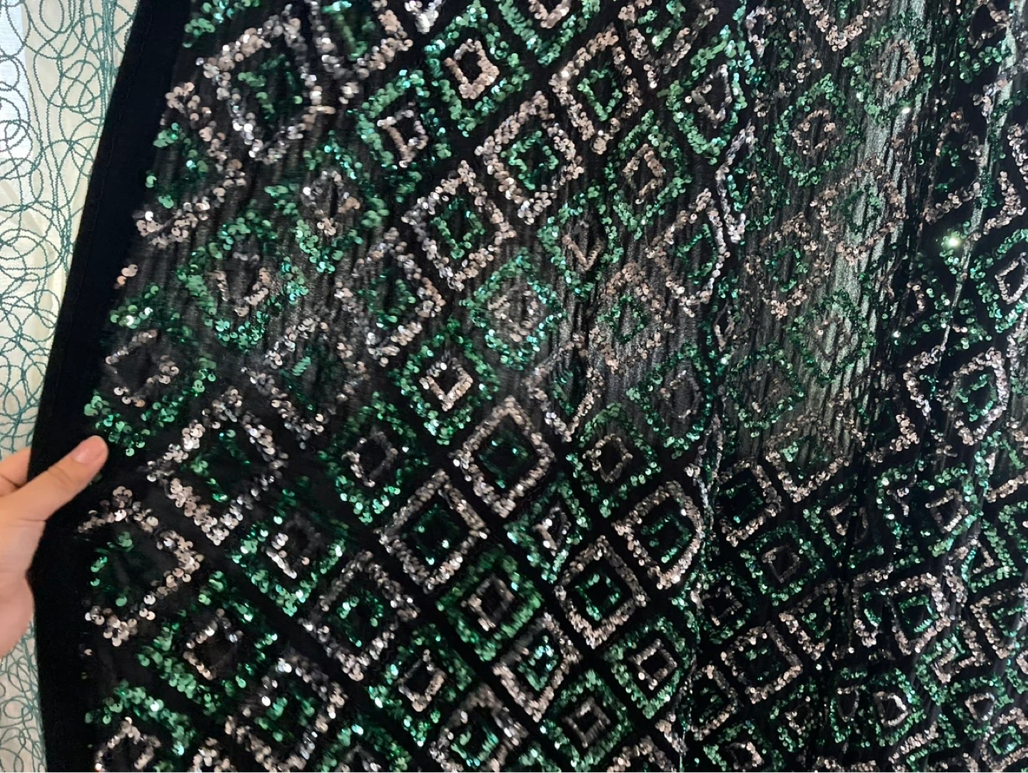 Sparkly Sequin Curtains - Green & Silver Diamond Pattern - photo 4