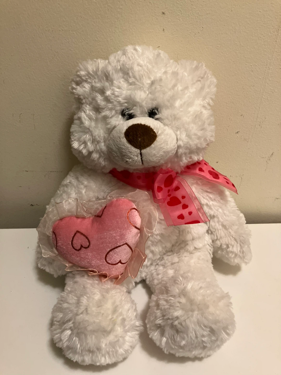 White Teddy Bear with Pink Heart Scarf - photo 2