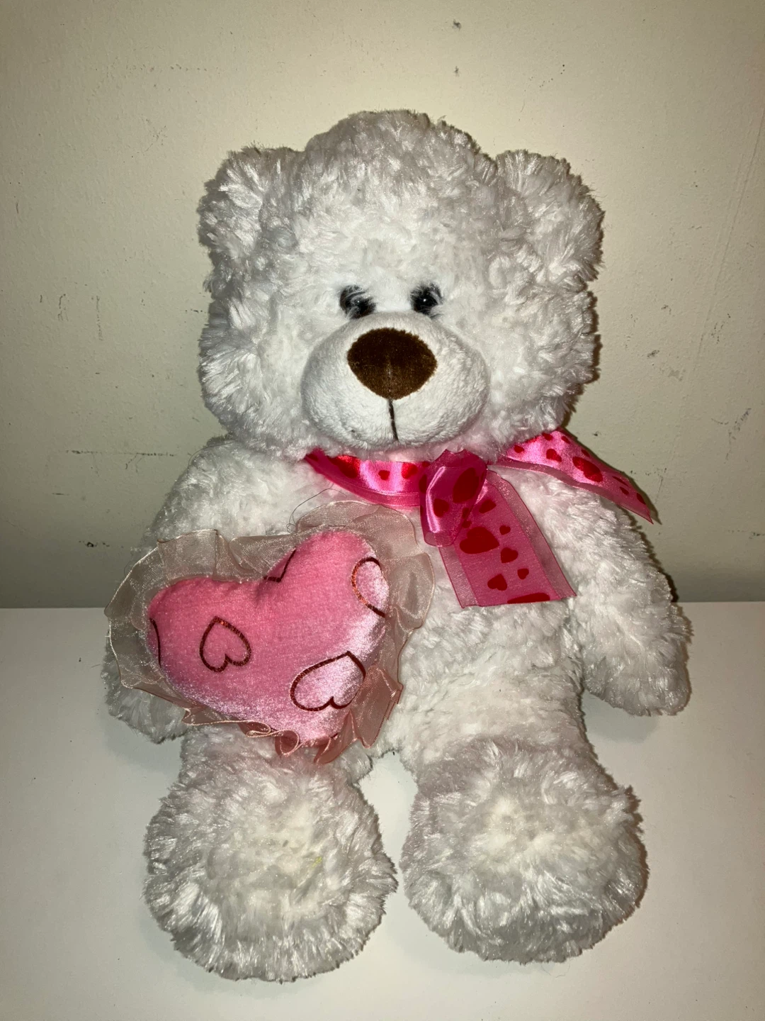 White Teddy Bear with Pink Heart Scarf