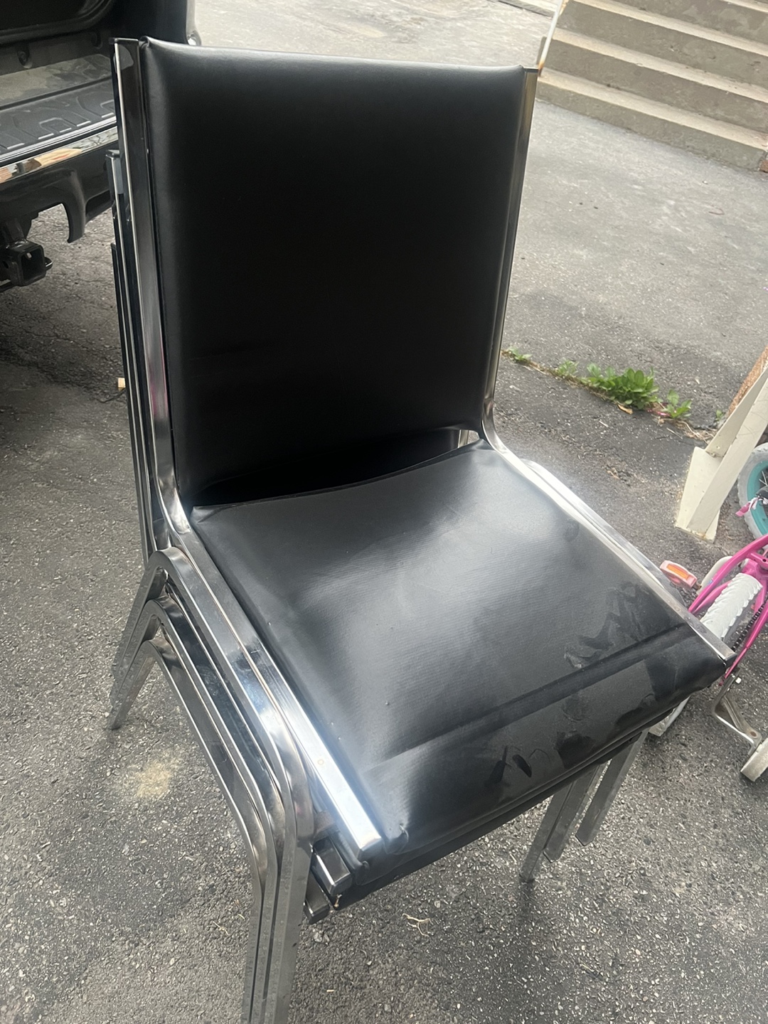 3 Stacking Chairs - Black Leather & Chrome - photo 3