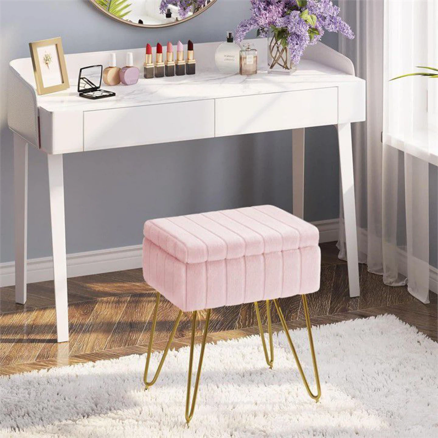 Pink Velvet Storage Ottoman Stool