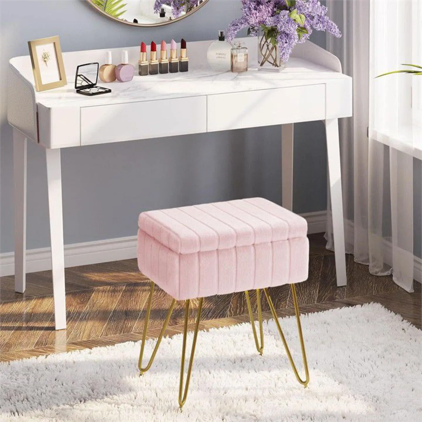 Pink Velvet Storage Ottoman Stool