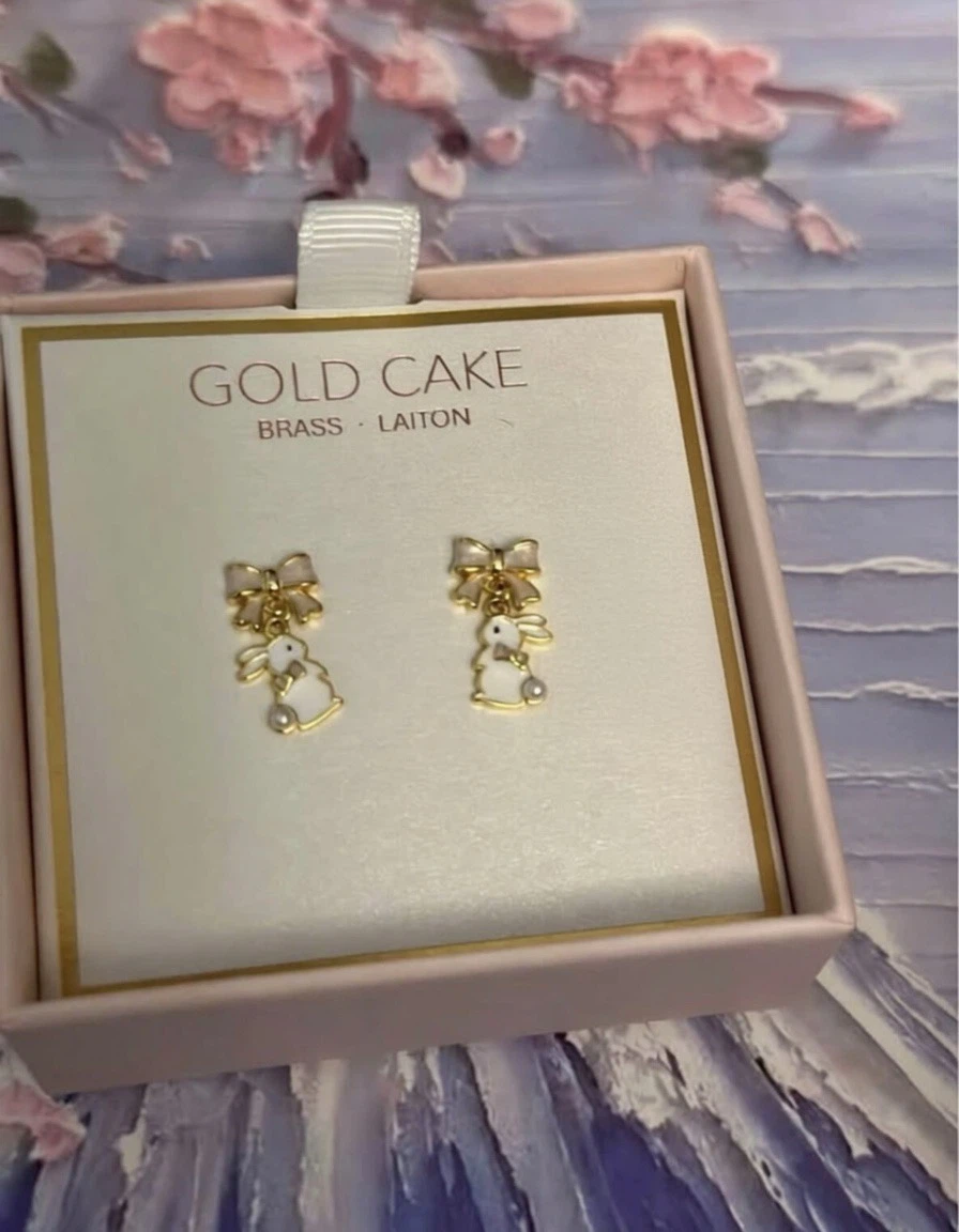 Adorable Bunny Rabbit Earrings Gold with Bow & Pearl Drop - New